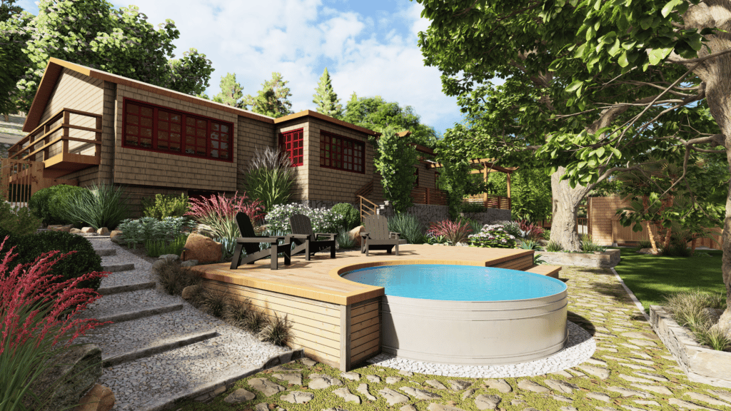 3D render of backyard design with wooden hot tub and deck with lounge chairs