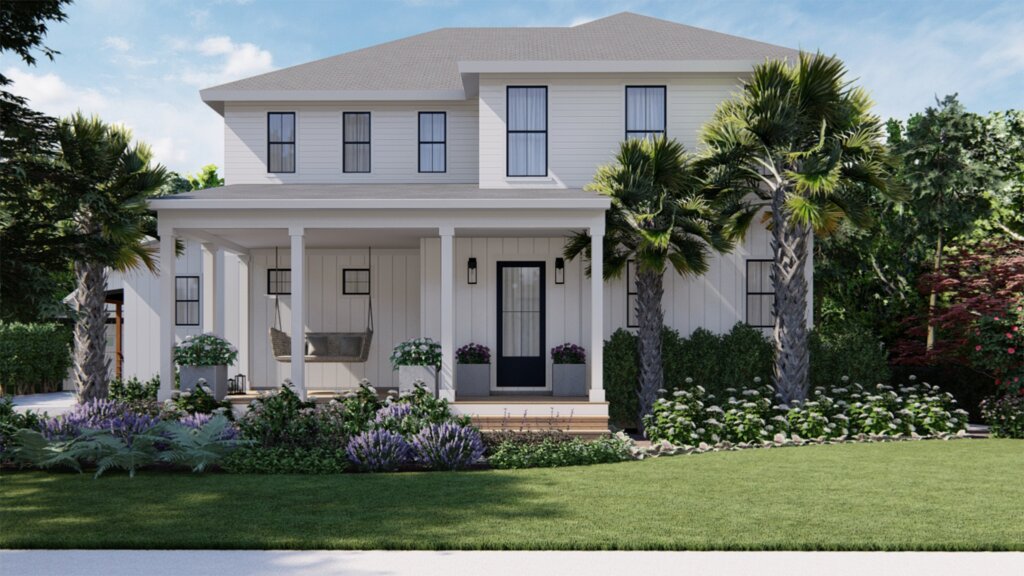 Traditional white home with porch swing and planting beds with evergreens, palm trees, and flowering plants