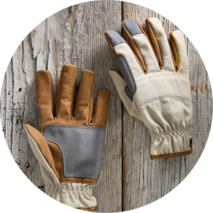Brown, grey and white gardening gloves laid on a wooden floor.