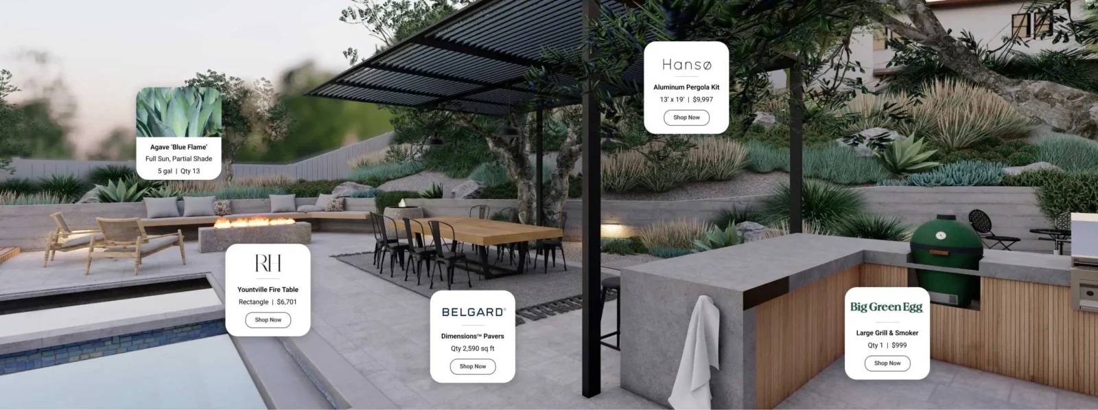 Yardzen render of a back yard with product names, brand and shopping button overlaid on it