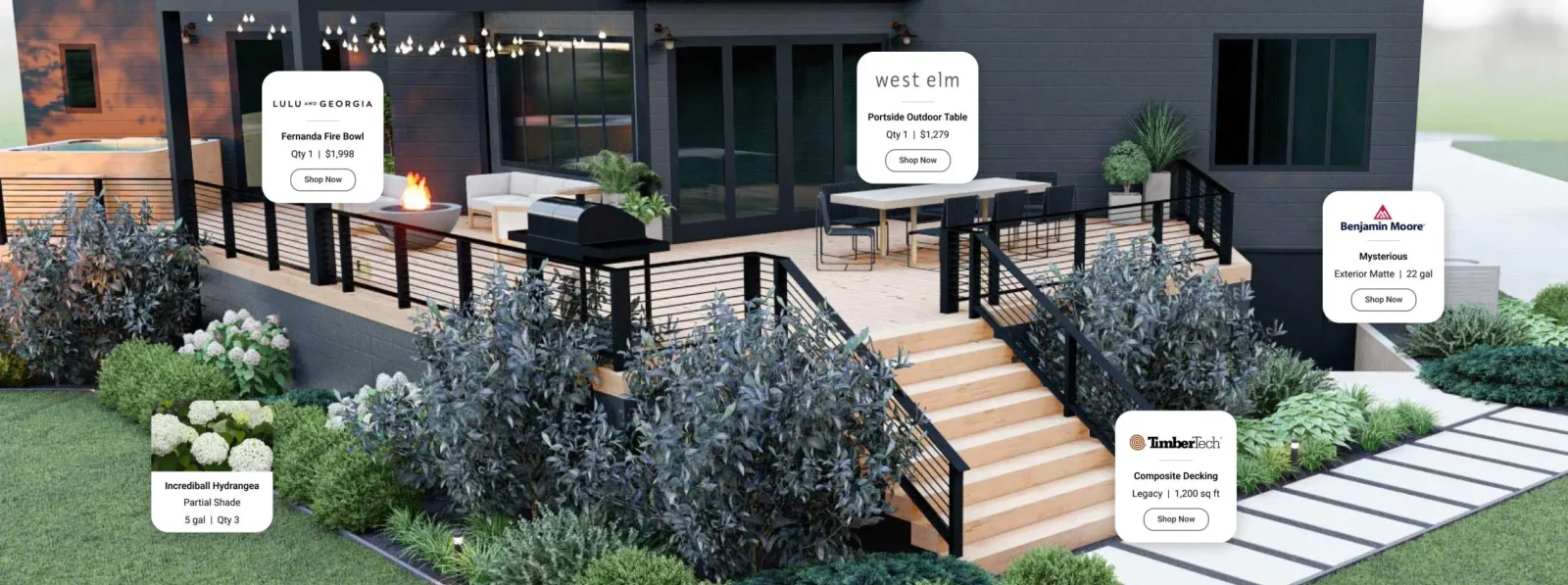 Yardzen render of a back yard with product names, brand and shopping button overlaid on it