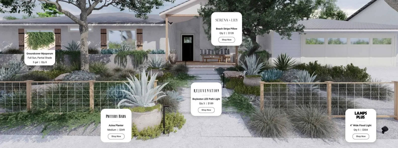 Yardzen render of a front yard with product names, brand and shopping button overlaid on it