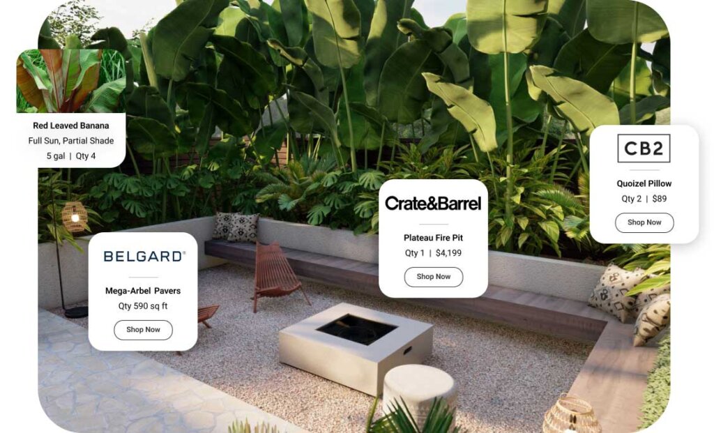 Tropical backyard render with brands and shoppable product bubbles