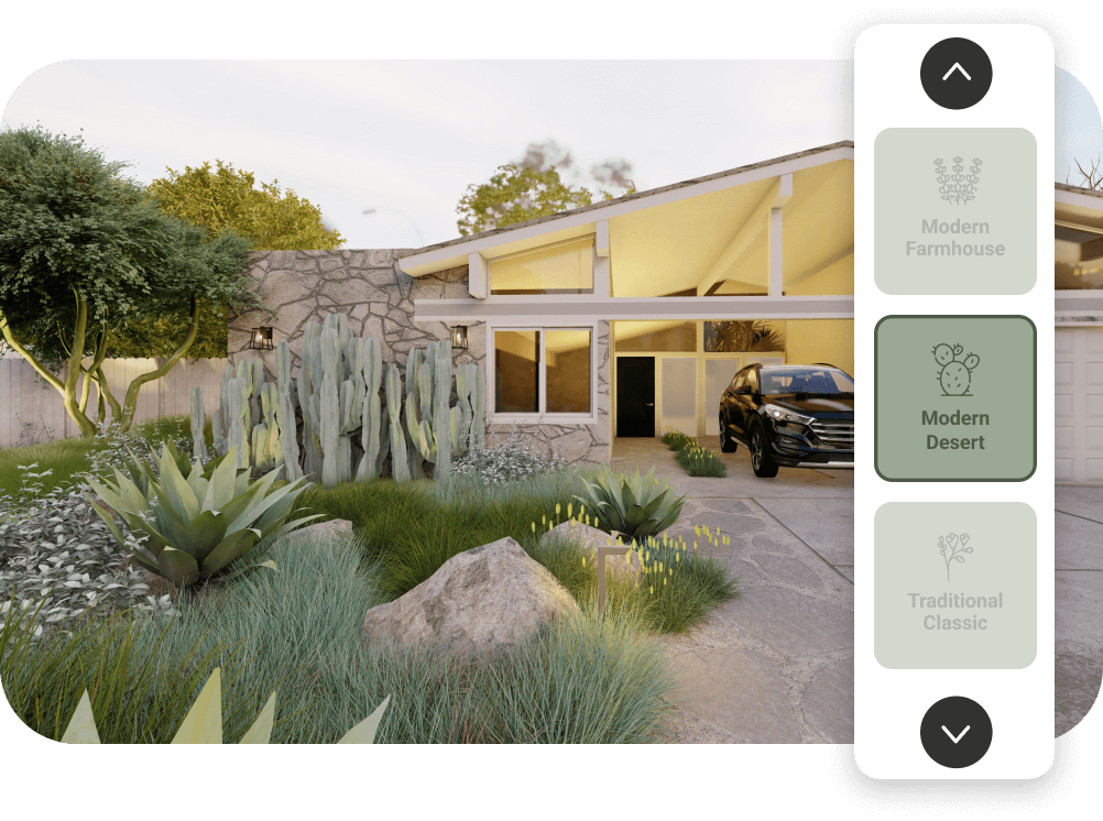 Mid century modern home with low water cactus and grasses in front yard