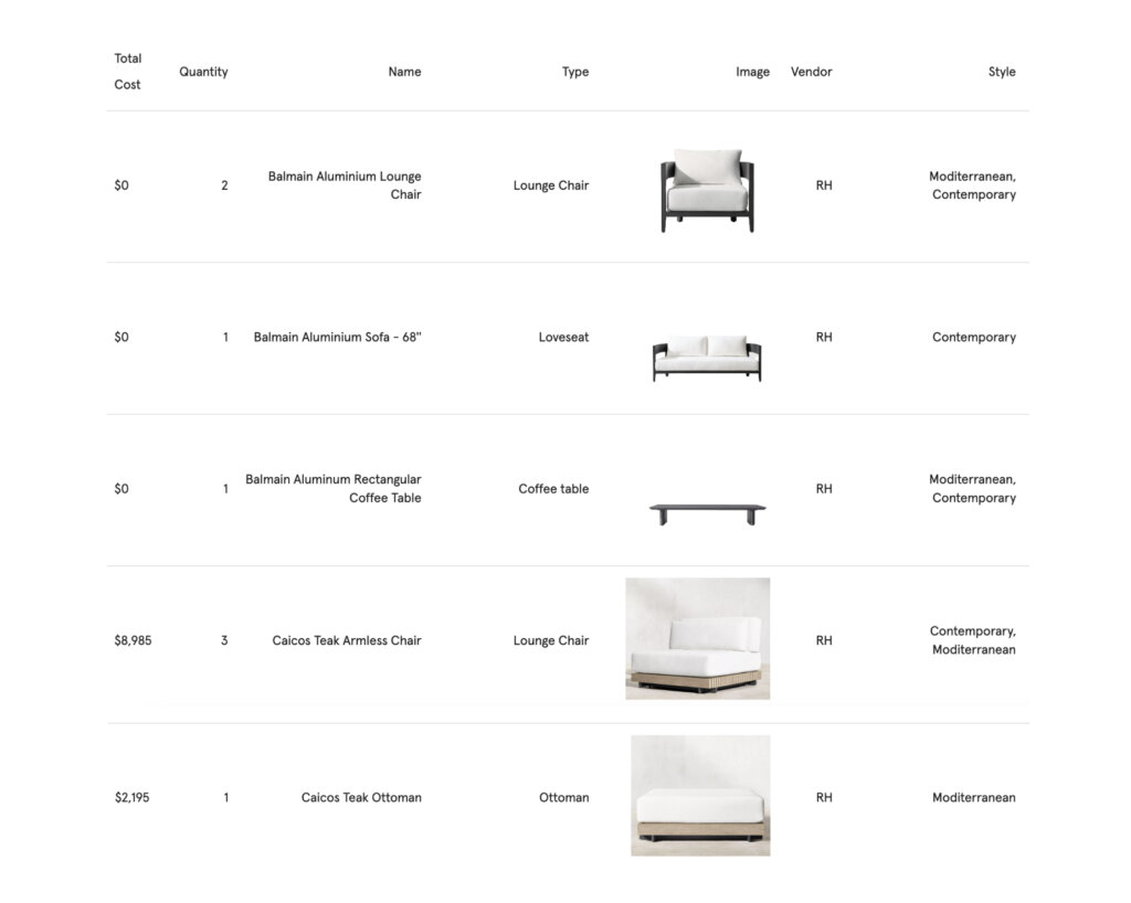 Spreadsheet of furniture, decor, and material images and information used in Yardzen design