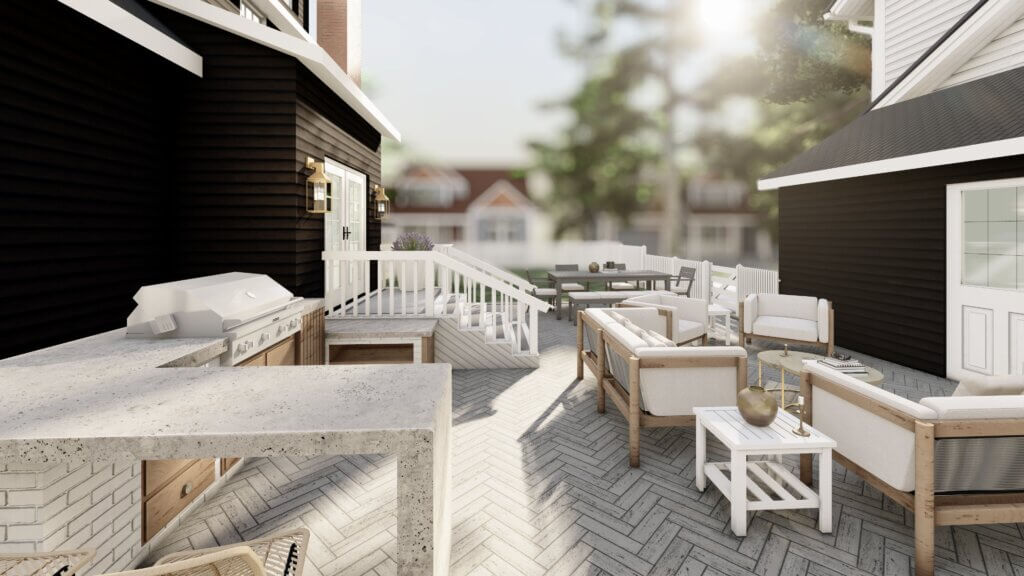 a 3D render of the client's patio, with a closer look at the built-in outdoor kitchen and lounge seating area.