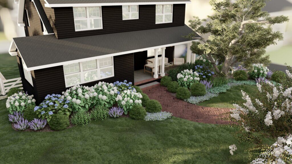 a 3D render that shows the front of the client's home and landscape designs. The house is shown with a dark paint color, a winding path to the front patio, and full beds of shrubs and perennials along the front of the home.