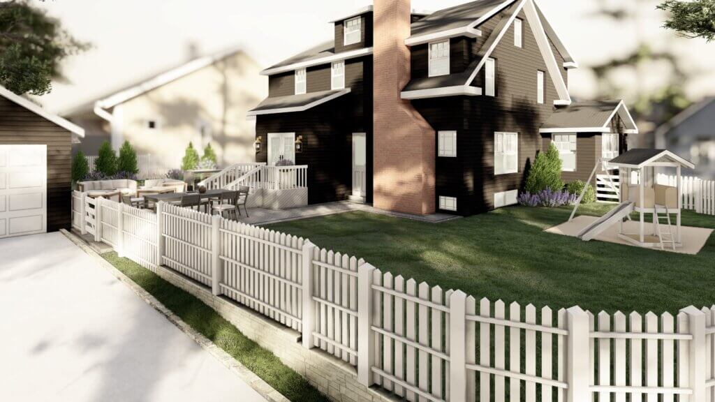 a 3D render of the client's backyard space. A children's playset sits in the right side of the lawn, the white picket fence has been updated, and you can see the new patio design in the background.