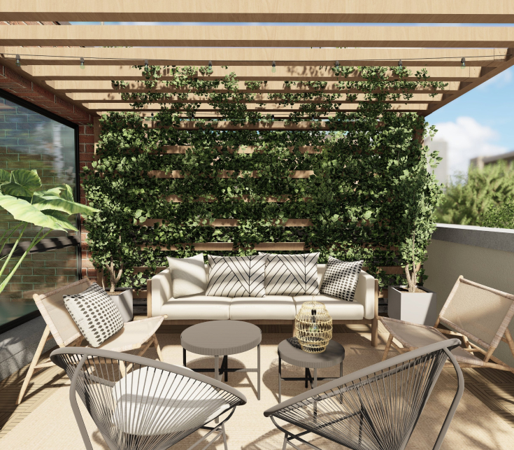 Yardzen render of a small rooftop space with an outdoor couch, chairs and table under a wooden pergola