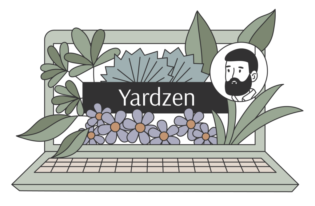 Illustration of a laptop with screen showing Yardzen logo and man's face in a bubble with plants growing out of screen.