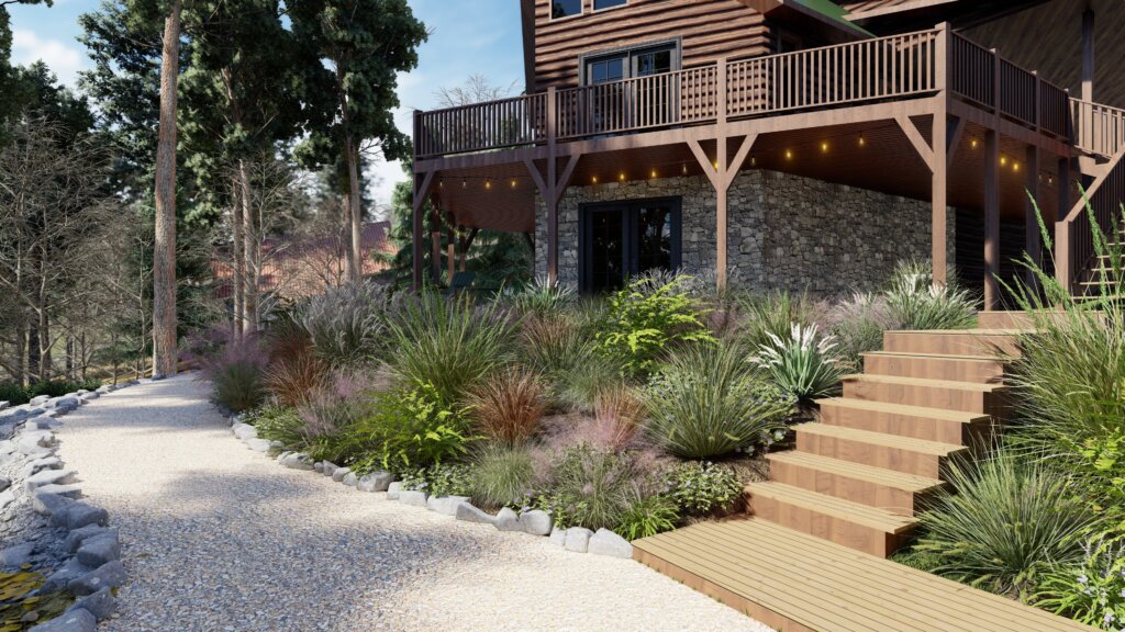 Rustic wood home with green metal roof surrounded by ornamental grasses and a gravel path