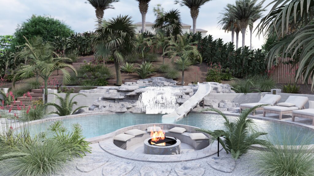 Backyard with sunken fire pit near swimming pool