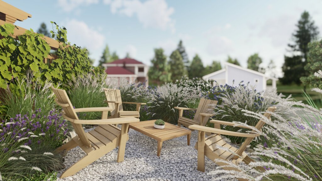 meadowscaped gardens surround a backyard seating zone with wooden Adirondack chairs