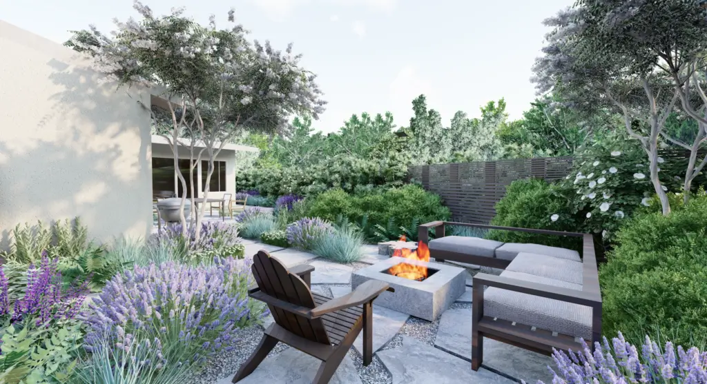 Backyard render with fire pit area with outdoor lounge area and purple flowers
