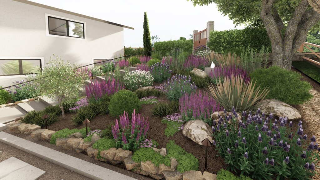 Sloped yard with purple wildflowers and shrubs