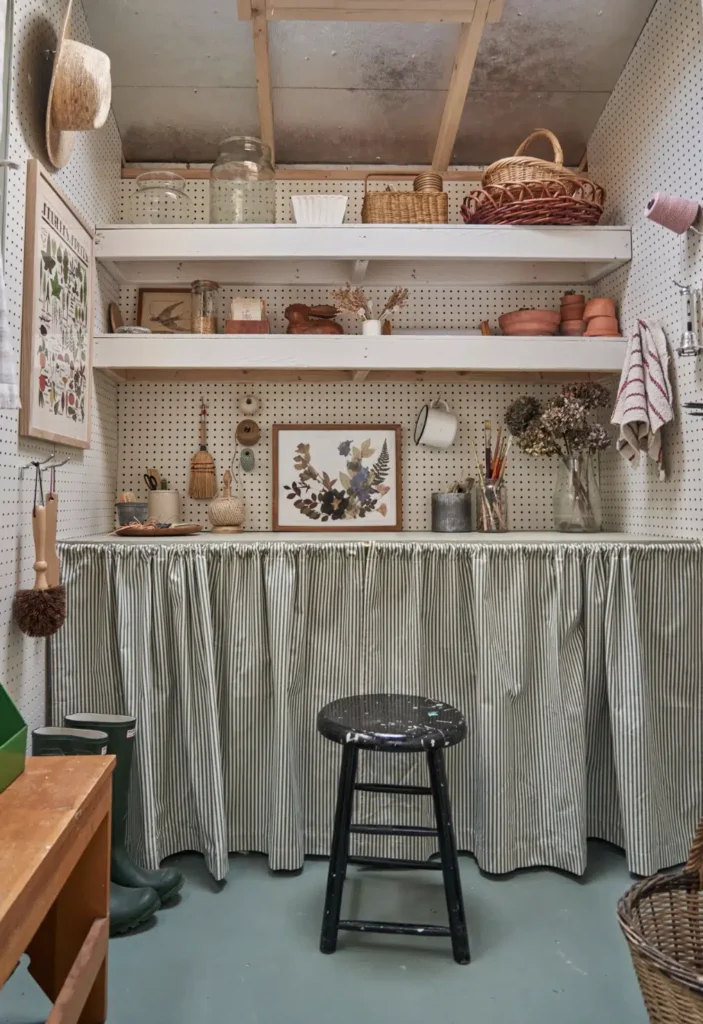 Interior of backyard shed with seating stool and shelves filled with potting accessories