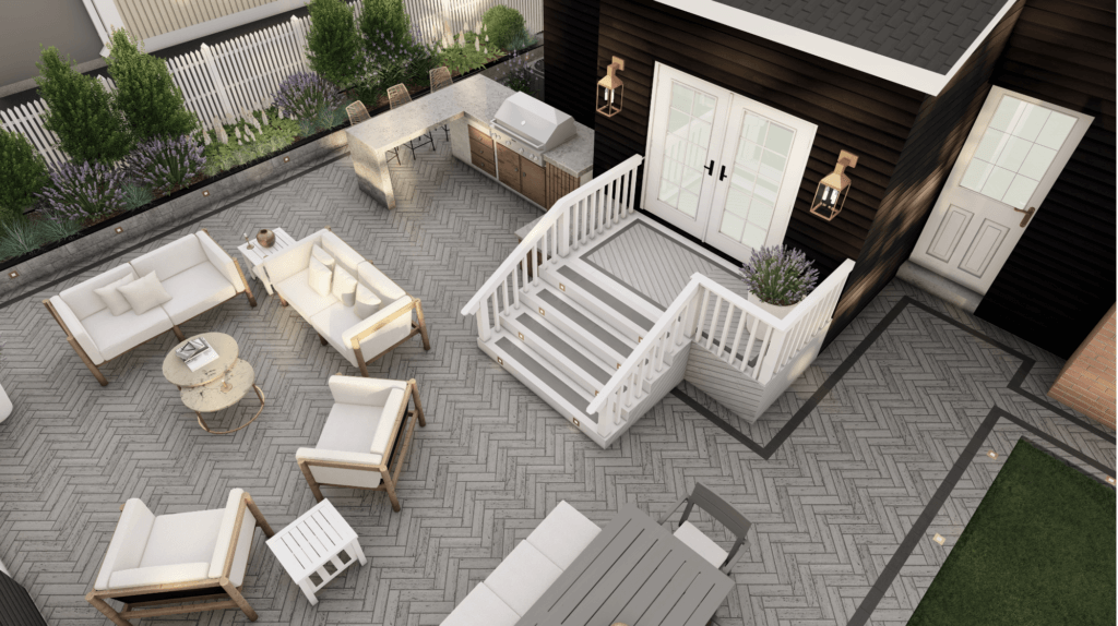 a 3D render of the client's backyard patio. Steps come down from the back door to a herringbone stone patio that features a built-in outdoor kitchen and a lounge seating area.