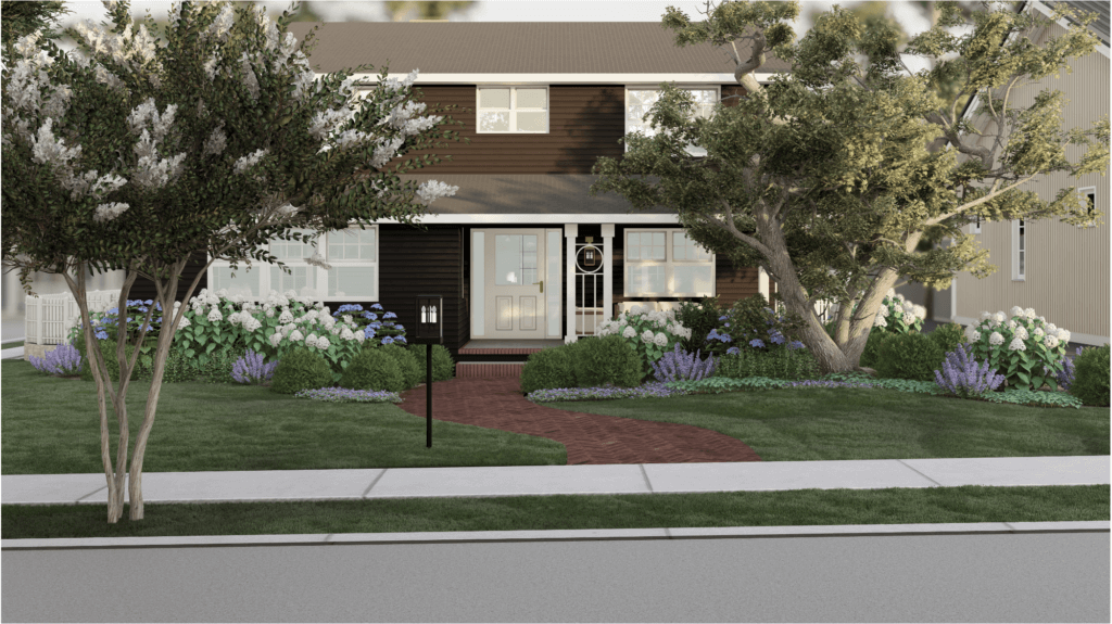a 3D render of the client's front yard, viewing from ground level. Two large flowering trees at interest and height to the landscape design.