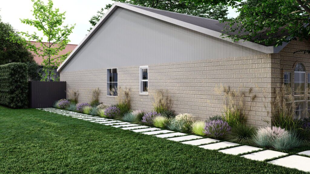 Side yard- modern pavers and lush planting textures