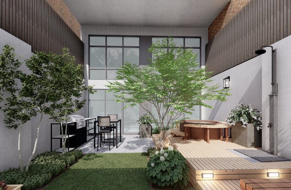 Yardzen render of a small courtyard with small lawn, hot tub, and grilling area