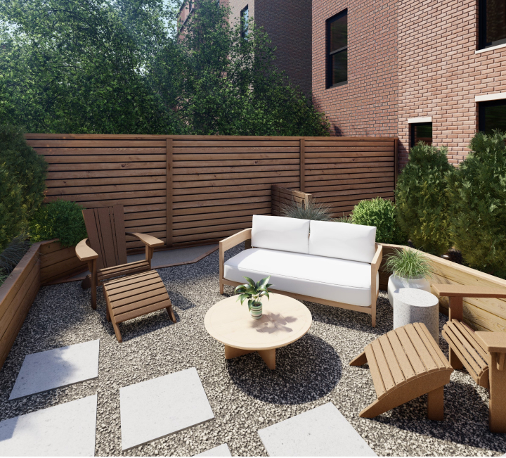 Yardzen render of a small backyard with small couch and Adirondack chairs sitting atop gravel and sounded by plantings