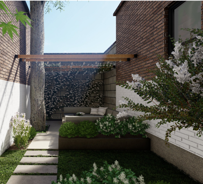 Yardzen render of a small narrow backyard nestled between two buildings. There are pavers amidst grass leading to a lounge area in back.