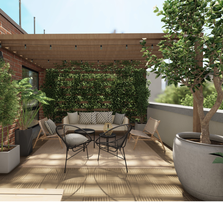 Yardzen render of a small rooftop space with an outdoor couch, chairs and table under a wooden pergola