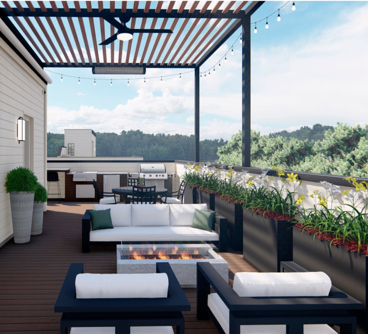 Yardzen render of a rooftop styled with modern lounge furniture around a firepit (foreground) and a grill in the background under a pergola