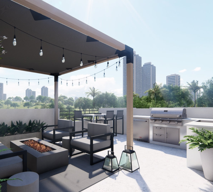 Render of a rooftop with modern lounge furniture around a firepit under a wooden pergola, with a grill in background