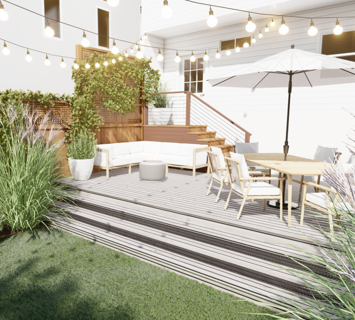 Yardzen render of a small back deck with modern white lounge furniture, small dining table, umbrella and string lights overhead