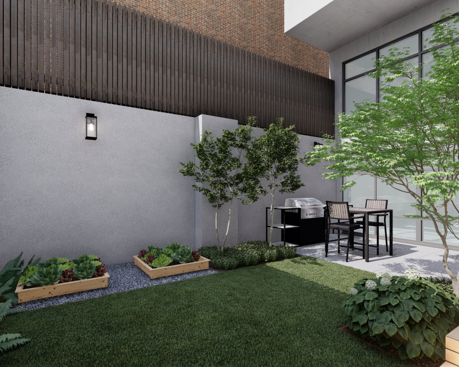 Yardzen render of a small backyard with small paved area, grill, grass, and raised gardening beds