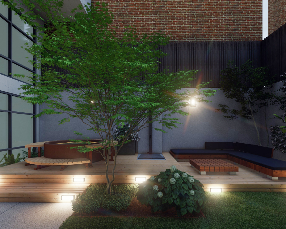 Yardzen render of a small backyard at night with lighting showing a hot tub and small deck