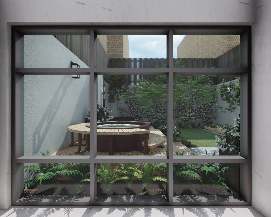 Yardzen render of view from inside home looking out to a small yard with hot tub