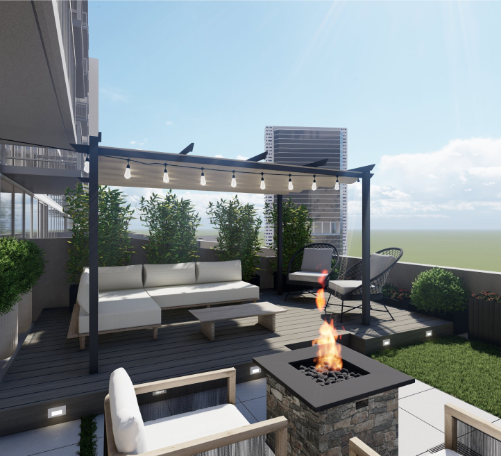 Yardzen render of a rooftop styled with modern lounge furniture around a firepit in foreground, and a couch under a pergola in the background