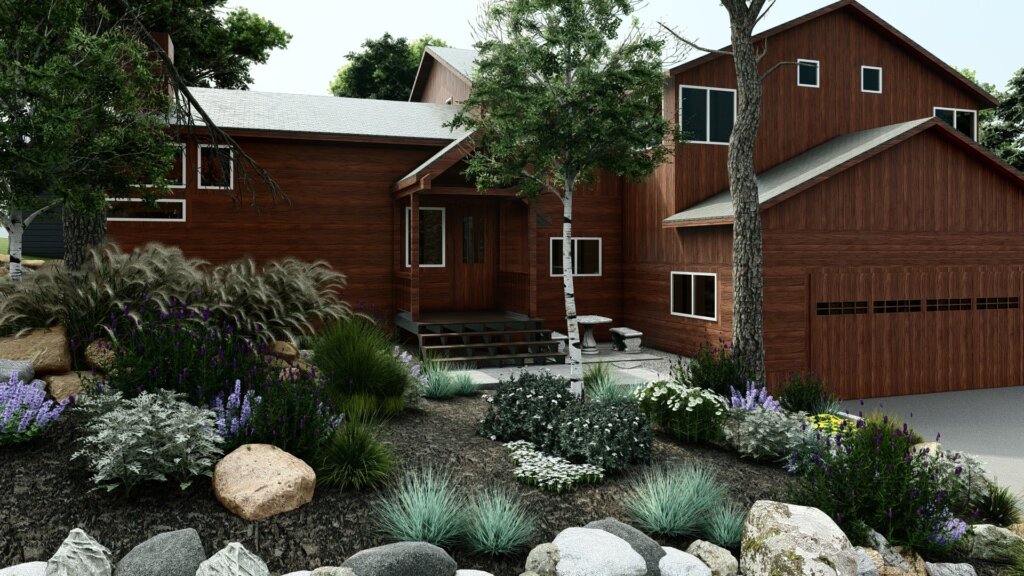 Mountain home with boulders and sparse landscaping