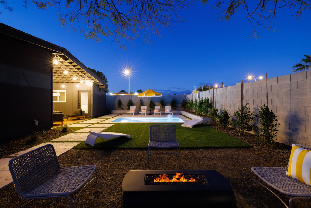 backyard night view of modern airbnb in scottsdale
