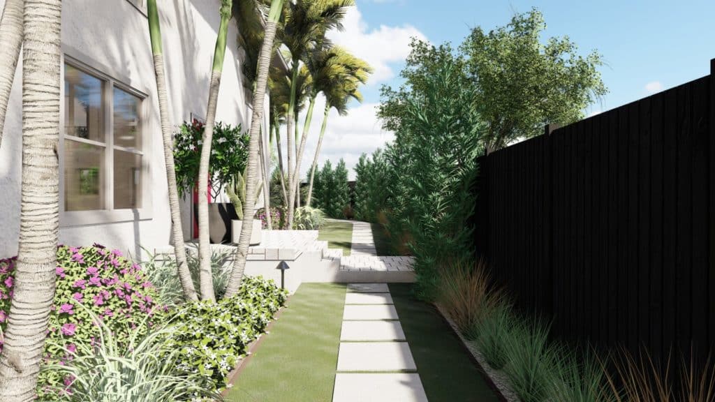 Yardzen render of sideyard walkway with tropical plantings