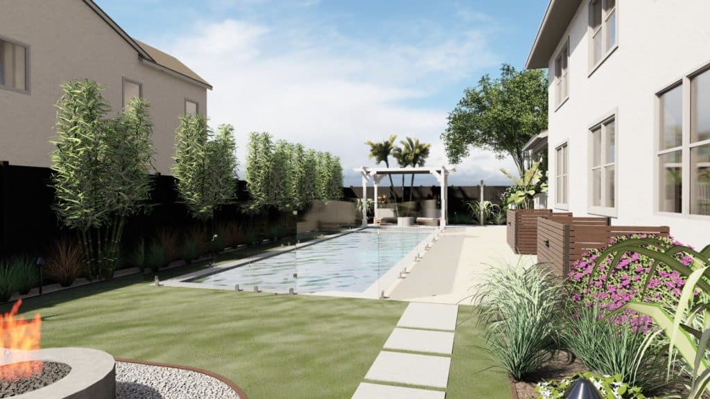 Yardzen render of pool with pergola and outdoor seating and small fire pit
