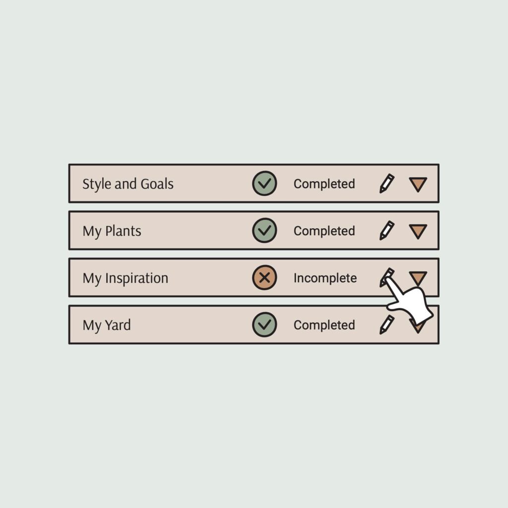illustration of online onboarding with steps for style, priorities, and yard features
