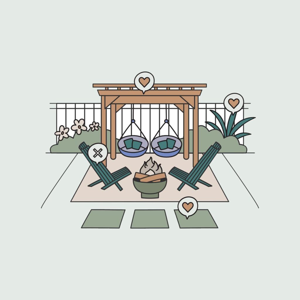 illustration of backyard design with heart and x icons on different elements