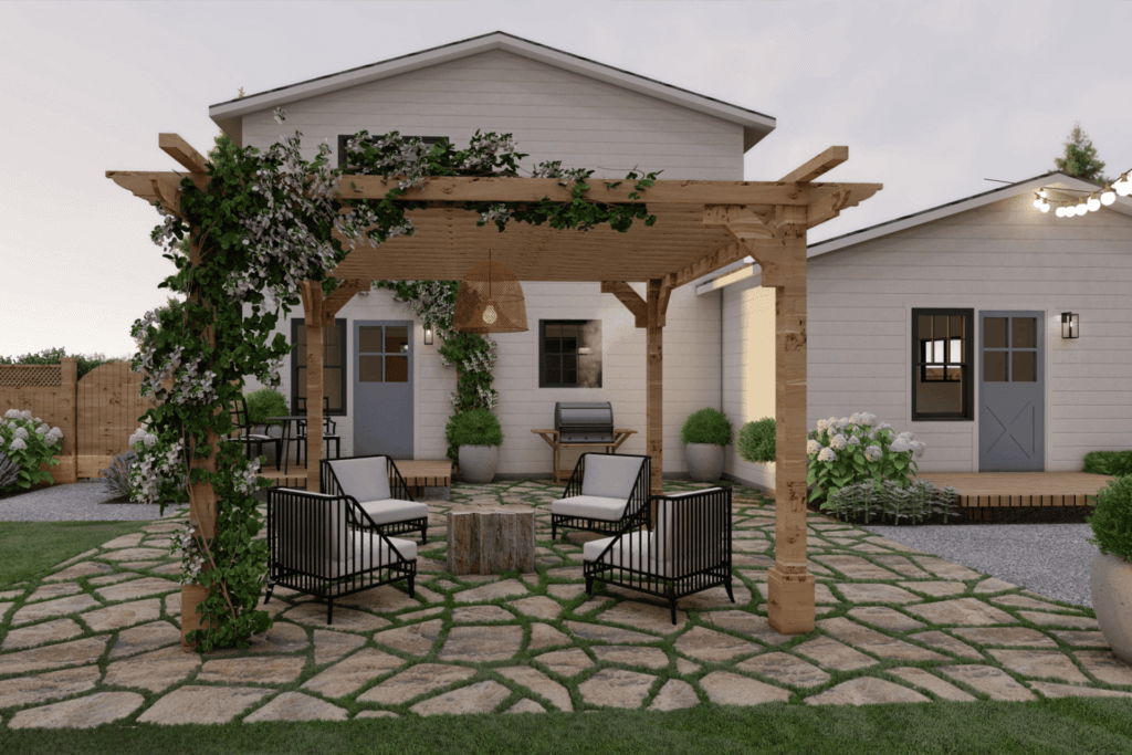Yardzen design render of backyard with pergola and seating area