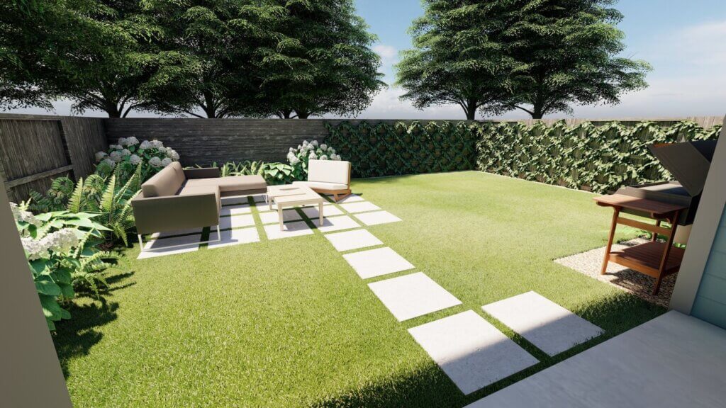 Backyard with pavers and outdoor lounge area