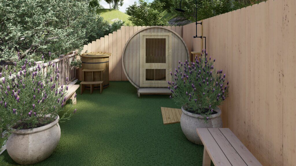 Side yard with privacy fencing, artificial turf, container plants, sauna, cold plunge tub, and outdoor shower.