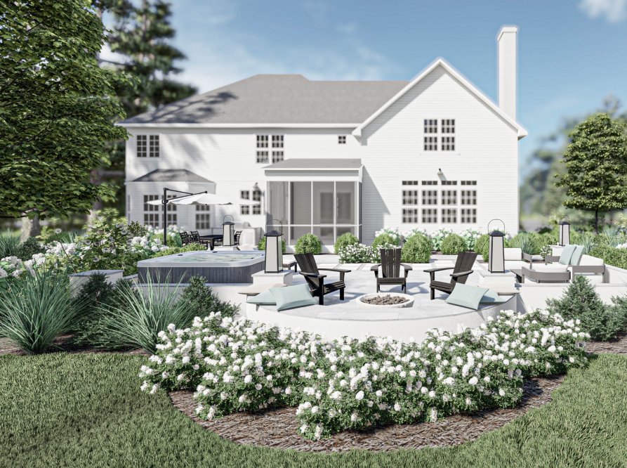 3D backyard design render with stunning white home, stylish fire pit seating area, and planting beds with flowering plants.