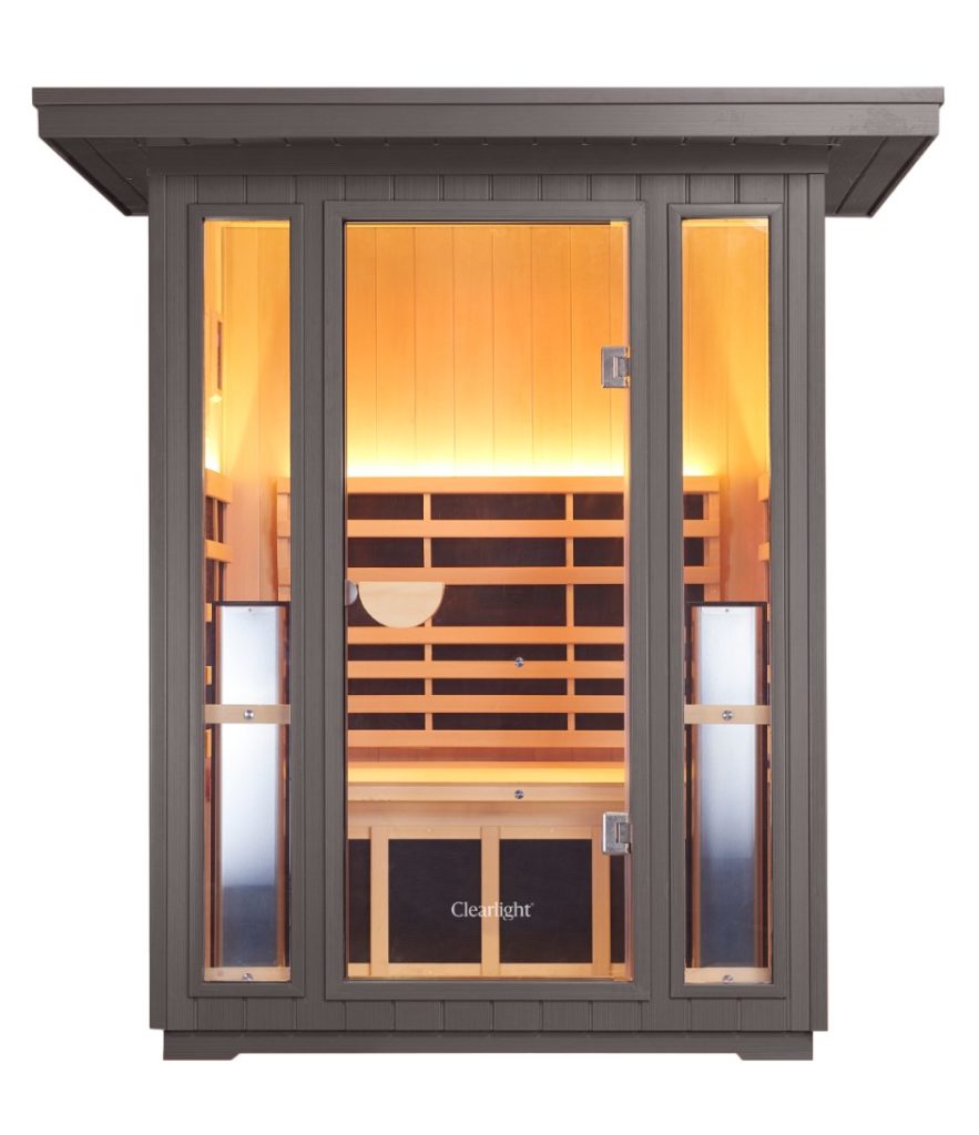 2-person sauna with dark siding, cedar interior, and glass door and full length windows.