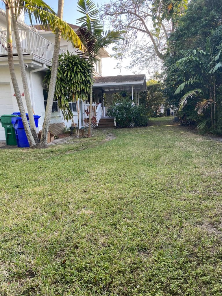 Before image of view of backyard with grass and white house