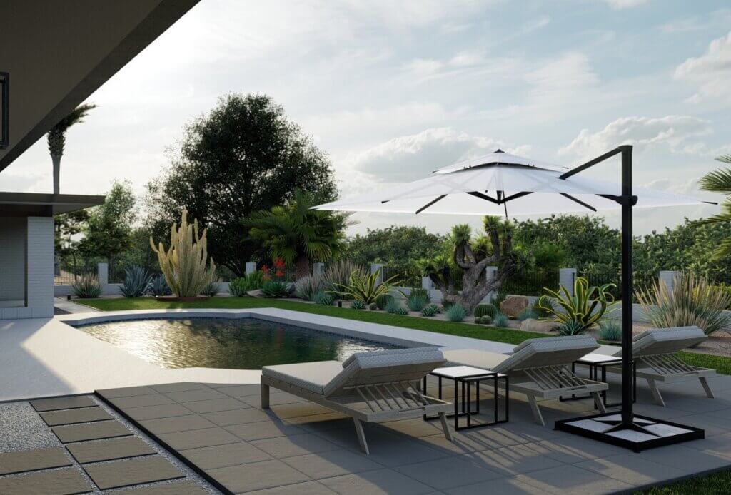 Yardzen designed backyard in Phoenix with inground swimming pool with lounge chairs, umbrella and cactus