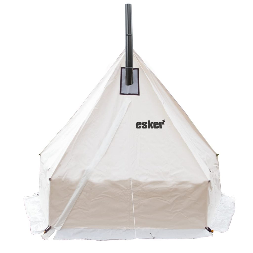 White canvas tent five sides and black stovepipe protruding from top with esker logo on side.