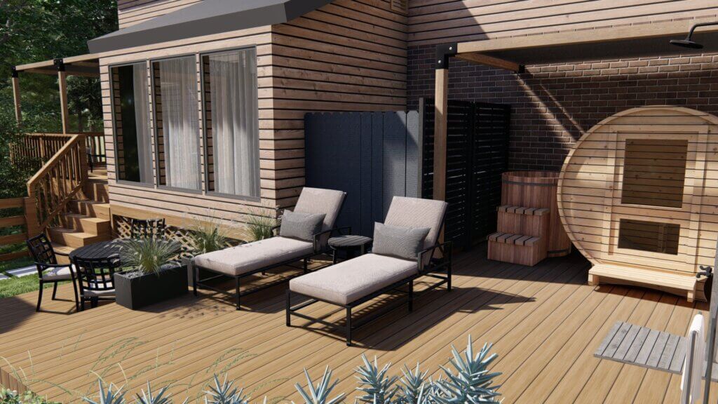Backyard deck with lounge chairs, sauna, and cold plunge tub.