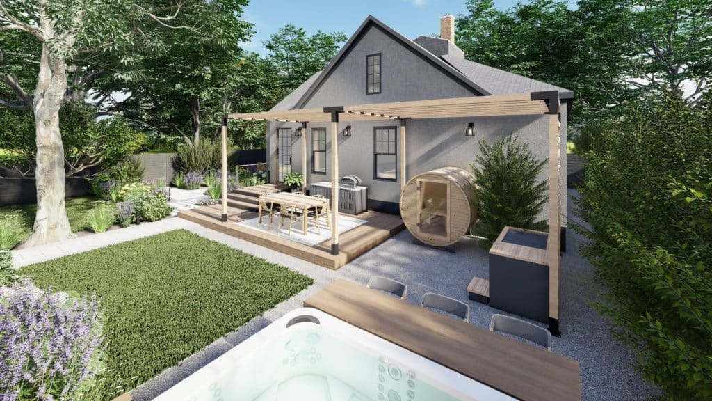 Backyard with attached deck and pergola with small outdoor kitchen and dining set, barrel sauna, cold plunge, and hot tub next to lawn in the foreground.